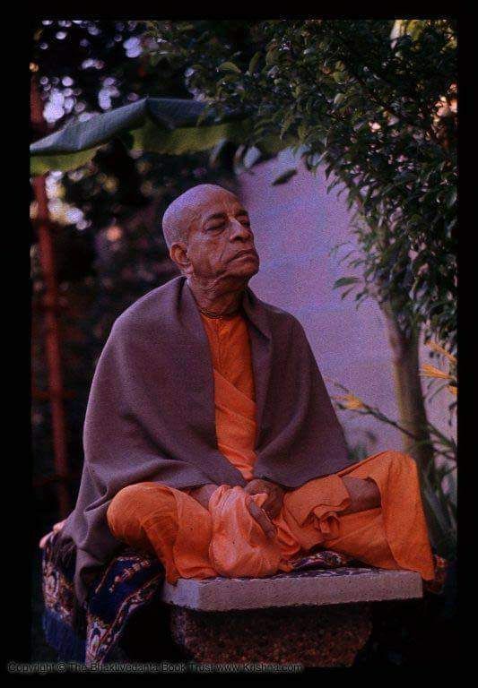 "Srila Prabhupada in deep meditation under a tree, founder of ISKCON, representing the peace and bliss of Krishna Consciousness."